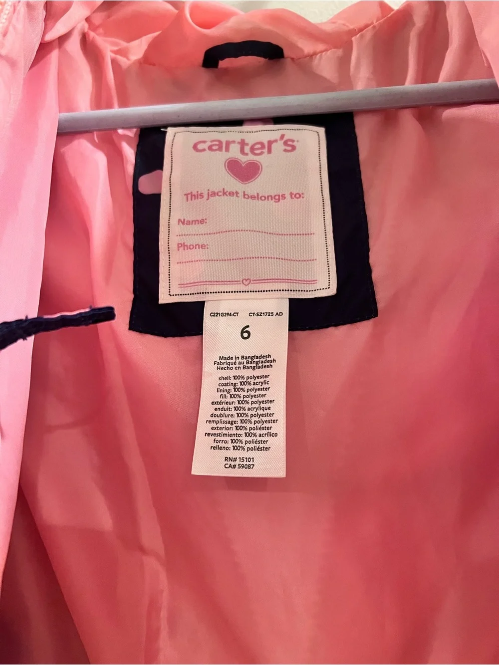 Carter's Pink Girls' Jacket Lined Hooded Coat Size 6